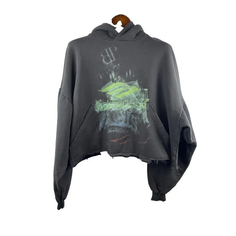 Unisex Balenciaga Size 2 Black Cropped Hoodie w/ Multicolor Abstract Design - Picture 1 of 6